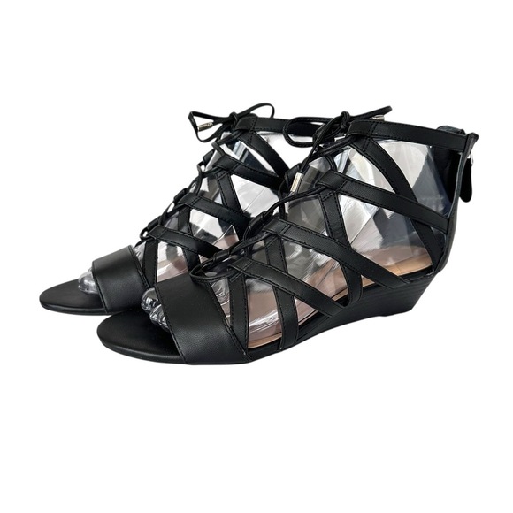 Franco Sarto Black Open Toe Lace Up Strappy Design Wedge Sandals Womens Size 8 - Picture 3 of 12